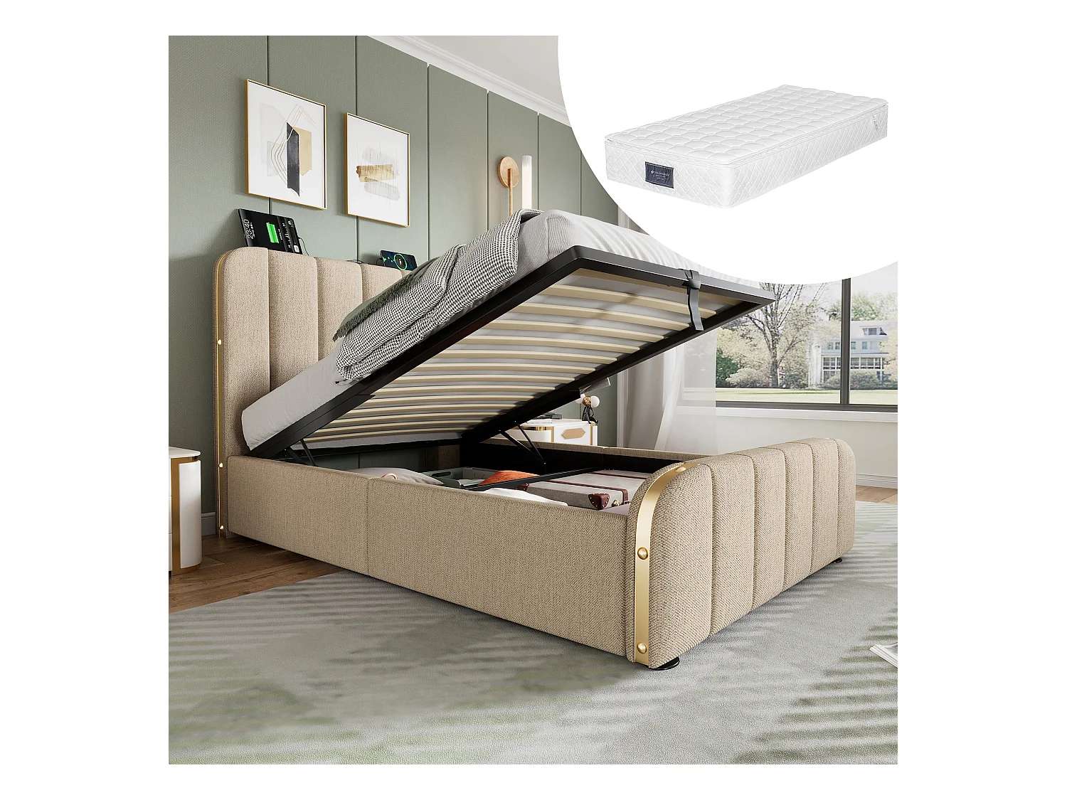 Lit individuel avec rangement, tête de lit rembourrée avec bandes dorées et fonction de chargement USB, 90x200 cm, lin beige (216x100x102 cm)