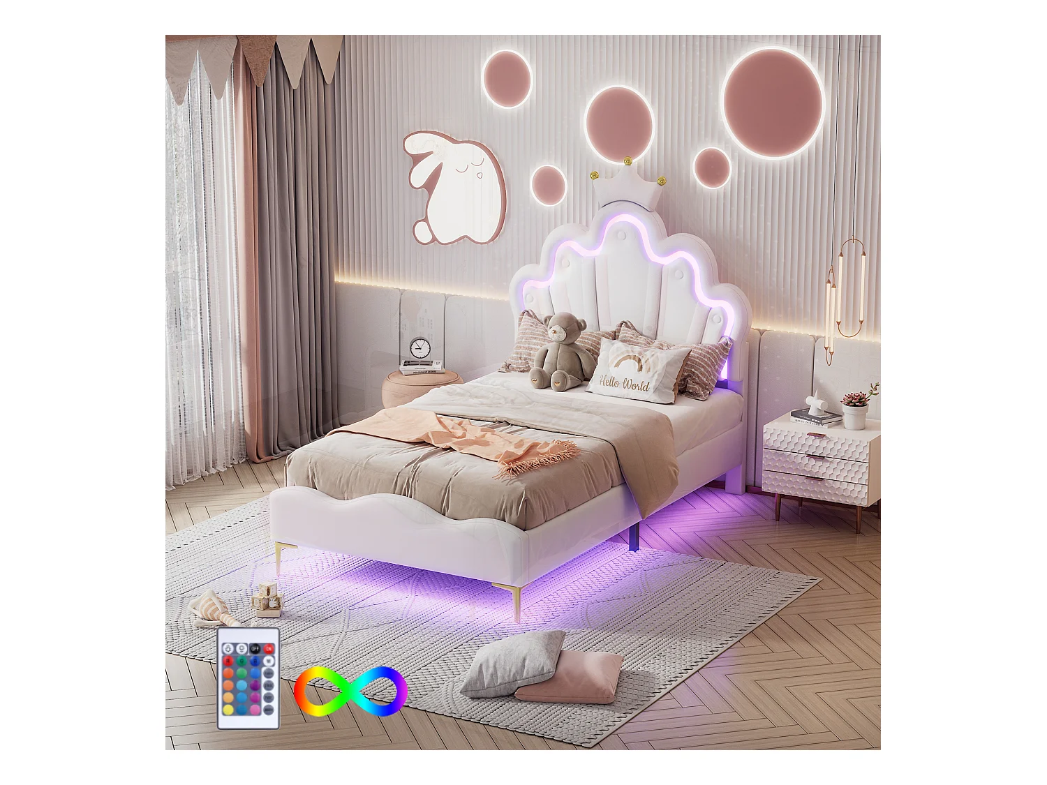 Bed 90x200 cm, Prinsessenbed met kroon, PU, Verstelbare LED-verlichting, Wit (203x90x129 cm)