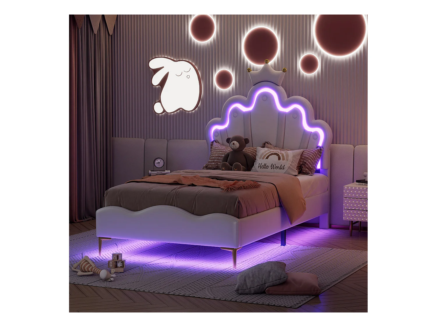 Bed 90x200 cm, Prinsessenbed met kroon, PU, Verstelbare LED-verlichting, Wit (203x90x129 cm)