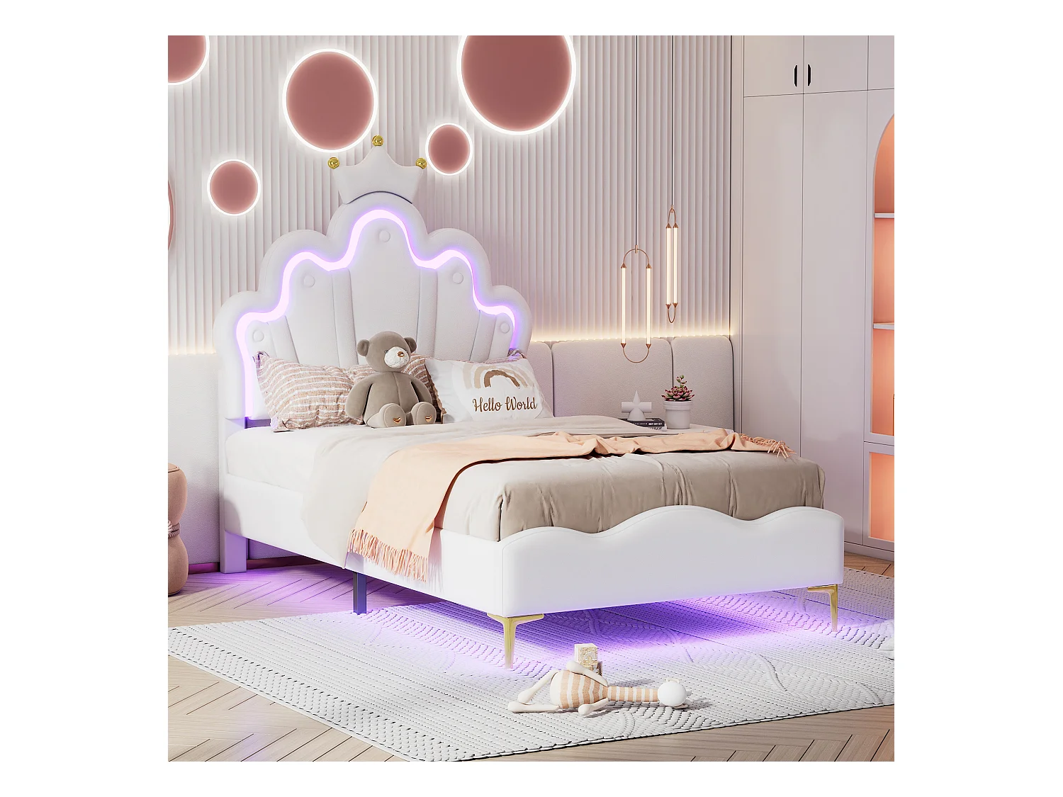 Lit 90x200 cm, Lit Princesse avec couronne, PU, éclairage LED réglable, Blanc (203x90x129 cm)