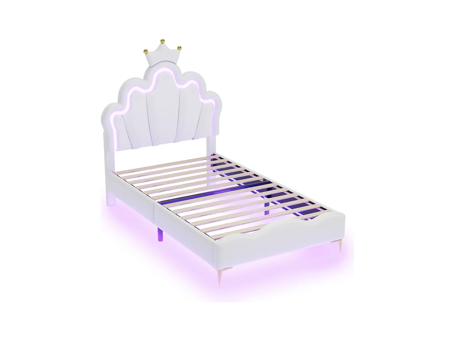 Lit 90x200 cm, Lit Princesse avec couronne, PU, éclairage LED réglable, Blanc (203x90x129 cm)