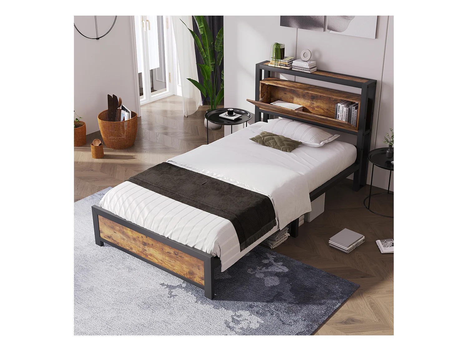Cama de metal con cabecero ajustable, estructura de metal y madera, con espacio de almacenaje bajo la cama, 90x200 cm, Gris (dimensiones: 100x216x95 cm)