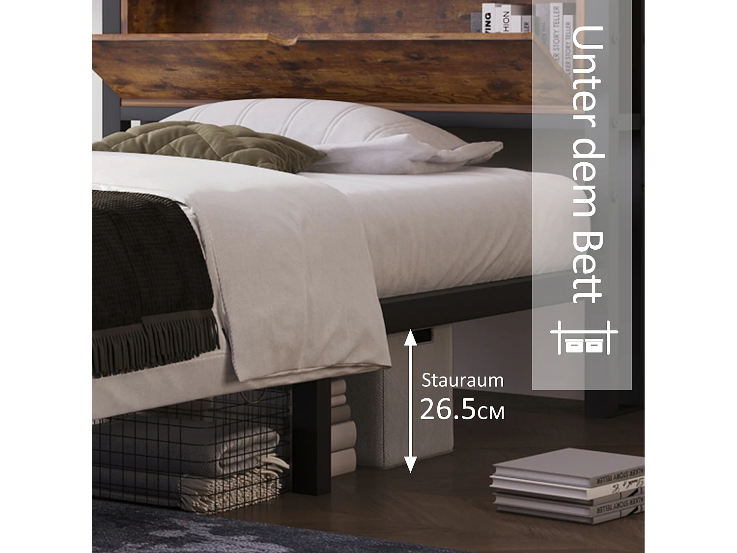 Cama de metal con cabecero ajustable, estructura de metal y madera, con espacio de almacenaje bajo la cama, 90x200 cm, Gris (dimensiones: 100x216x95 cm)