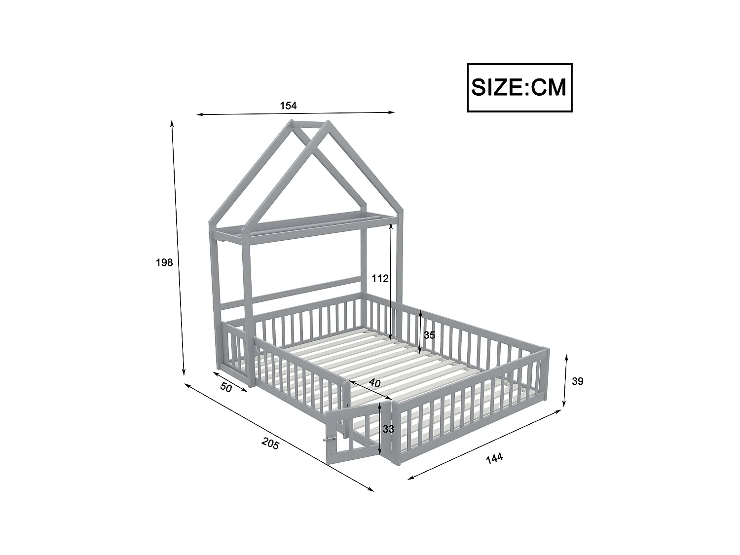 Letto per bambini 140x200cm, struttura in legno massello con contenitore, sponde e ante solide, grigio (205x154x198cm)
