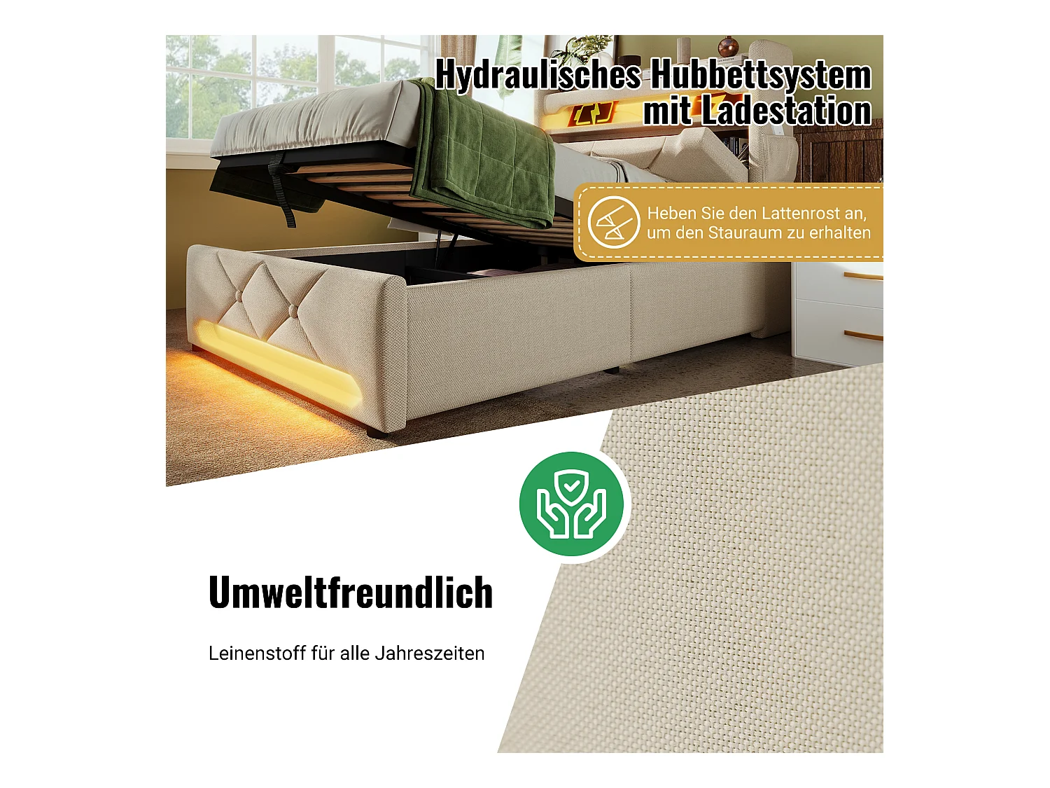 Lit Double 140x200 cm avec rangement, tête de lit USB et Type-C, LED 360° Surround, hydraulique, tissu lin beige (225x146x111 cm)