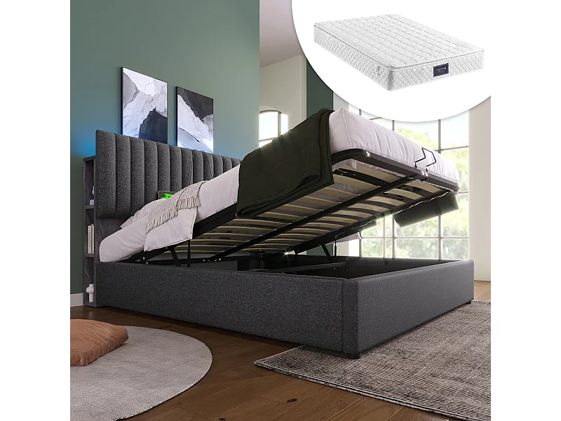Tweepersoonsbed met USB Type-C, app-gestuurde LED, opbergruimte aan het hoofdeinde, linnen, grijs (141x213x106cm)