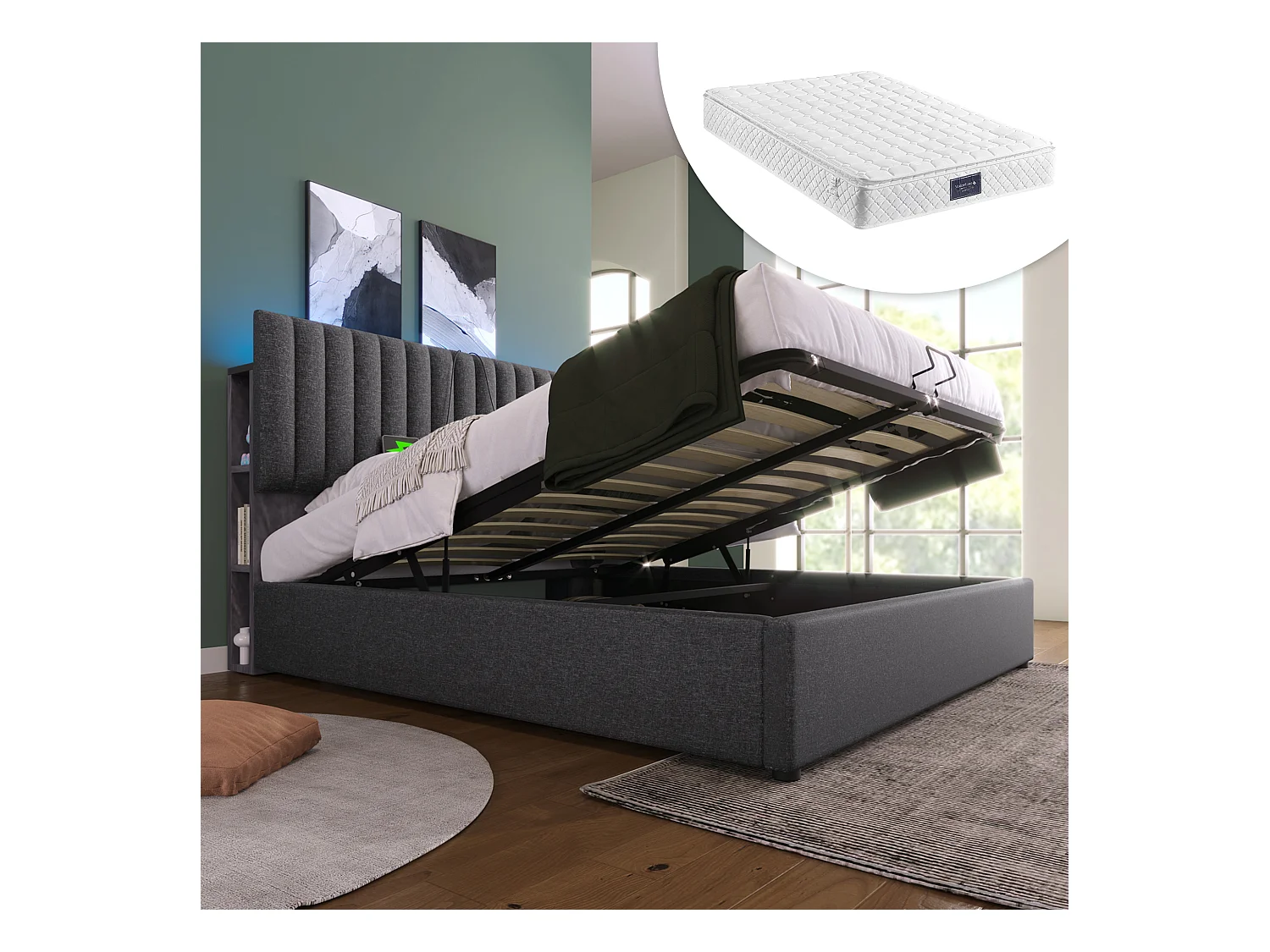 Lit double avec USB Type-C, LED contrôlée par application, rangement tête de lit, lin, gris (141x213x106cm)