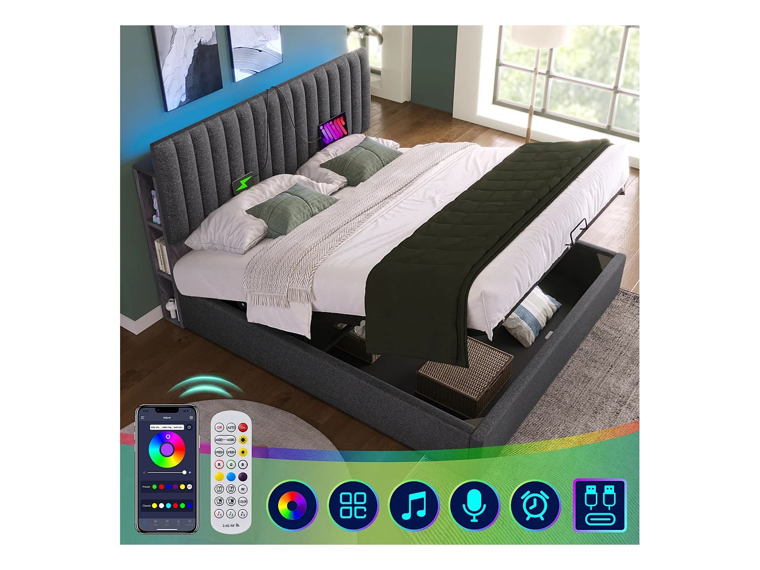 Lit double avec USB Type-C, LED contrôlée par application, rangement tête de lit, lin, gris (141x213x106cm)