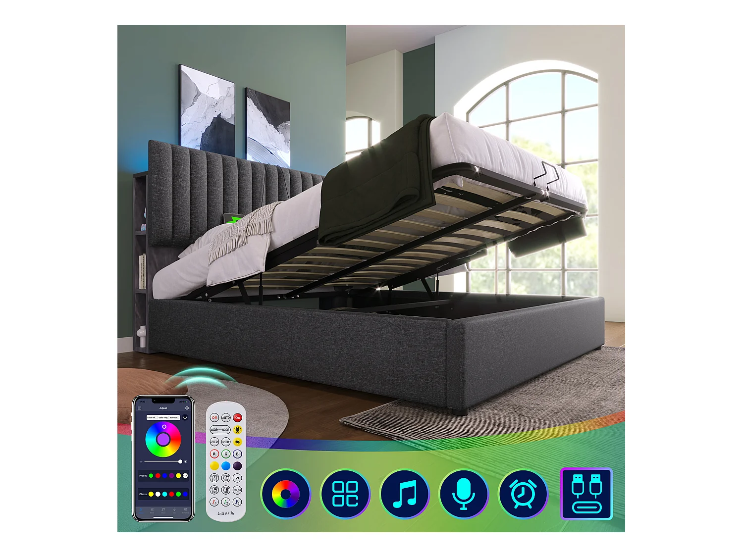 Lit double avec USB Type-C, LED contrôlée par application, rangement tête de lit, lin, gris (141x213x106cm)