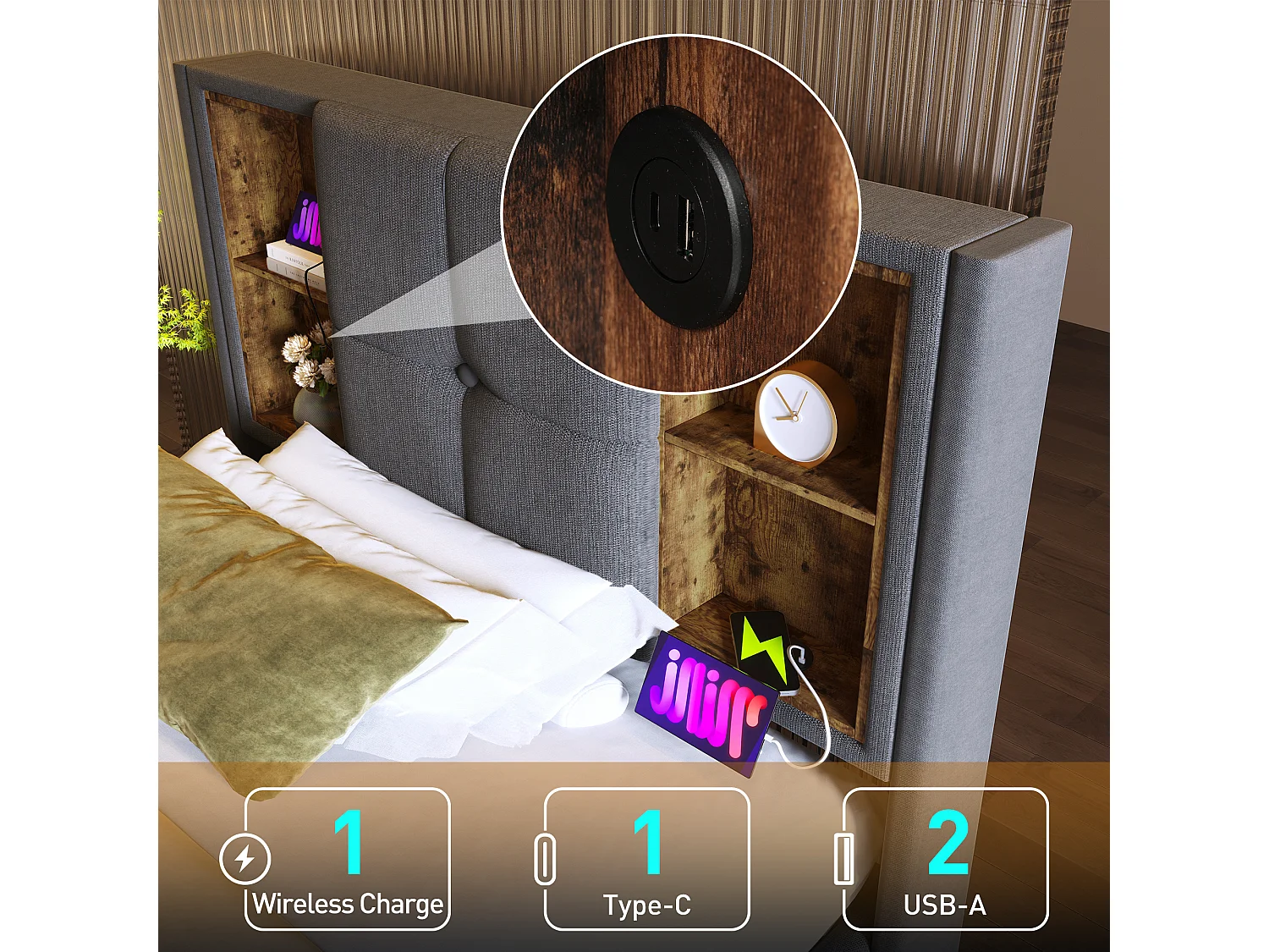 Letto singolo con caricabatterie wireless USB-C, struttura imbottita in cotone grigio, contenitore integrato, 90x200 cm (206x95x100,5 cm)