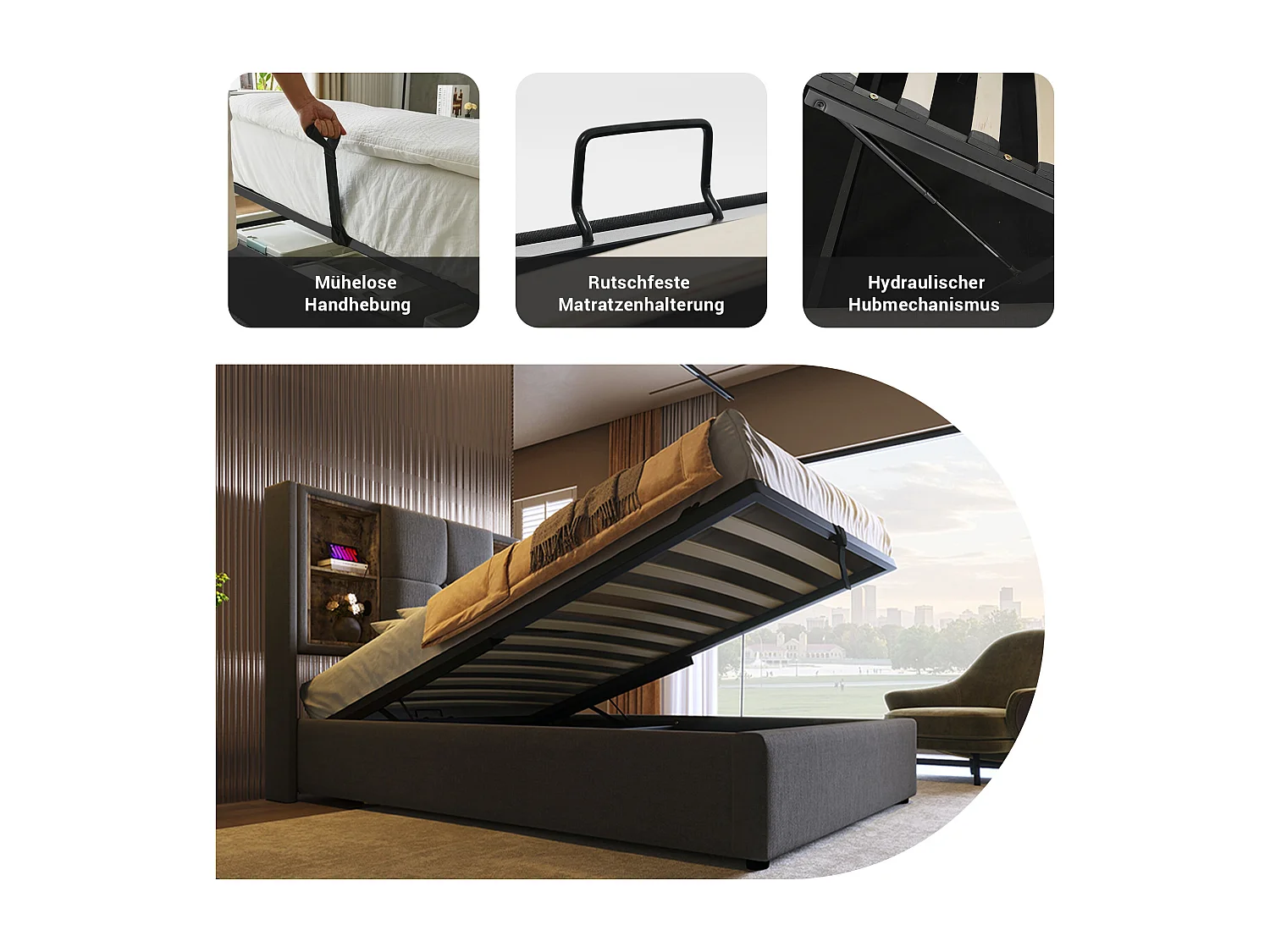 Letto singolo con caricabatterie wireless USB-C, struttura imbottita in cotone grigio, contenitore integrato, 90x200 cm (206x95x100,5 cm)