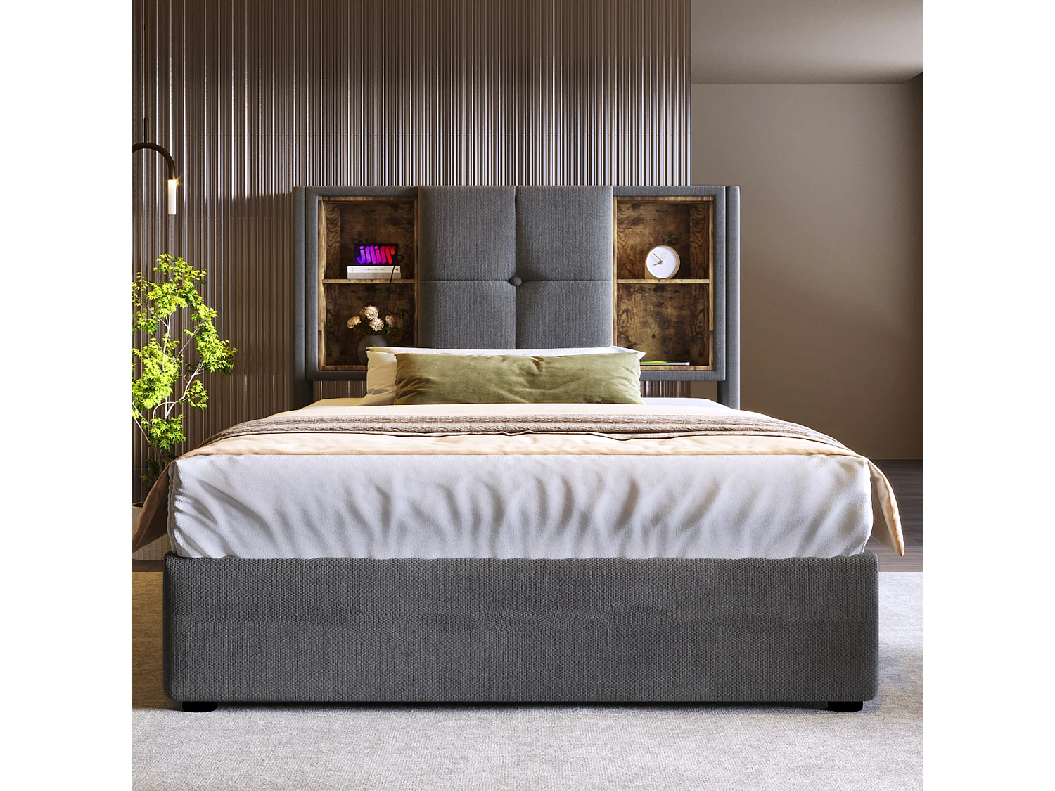 Letto singolo con caricabatterie wireless USB-C, struttura imbottita in cotone grigio, contenitore integrato, 90x200 cm (206x95x100,5 cm)
