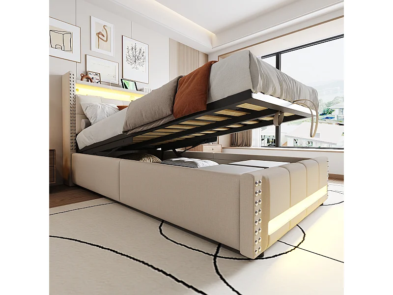 Bed 90x200 cm met hydraulische opbergruimte, USB en LED, hoofdbord met planken en opbergruimte, beige linnen stof (224x100x115 cm)