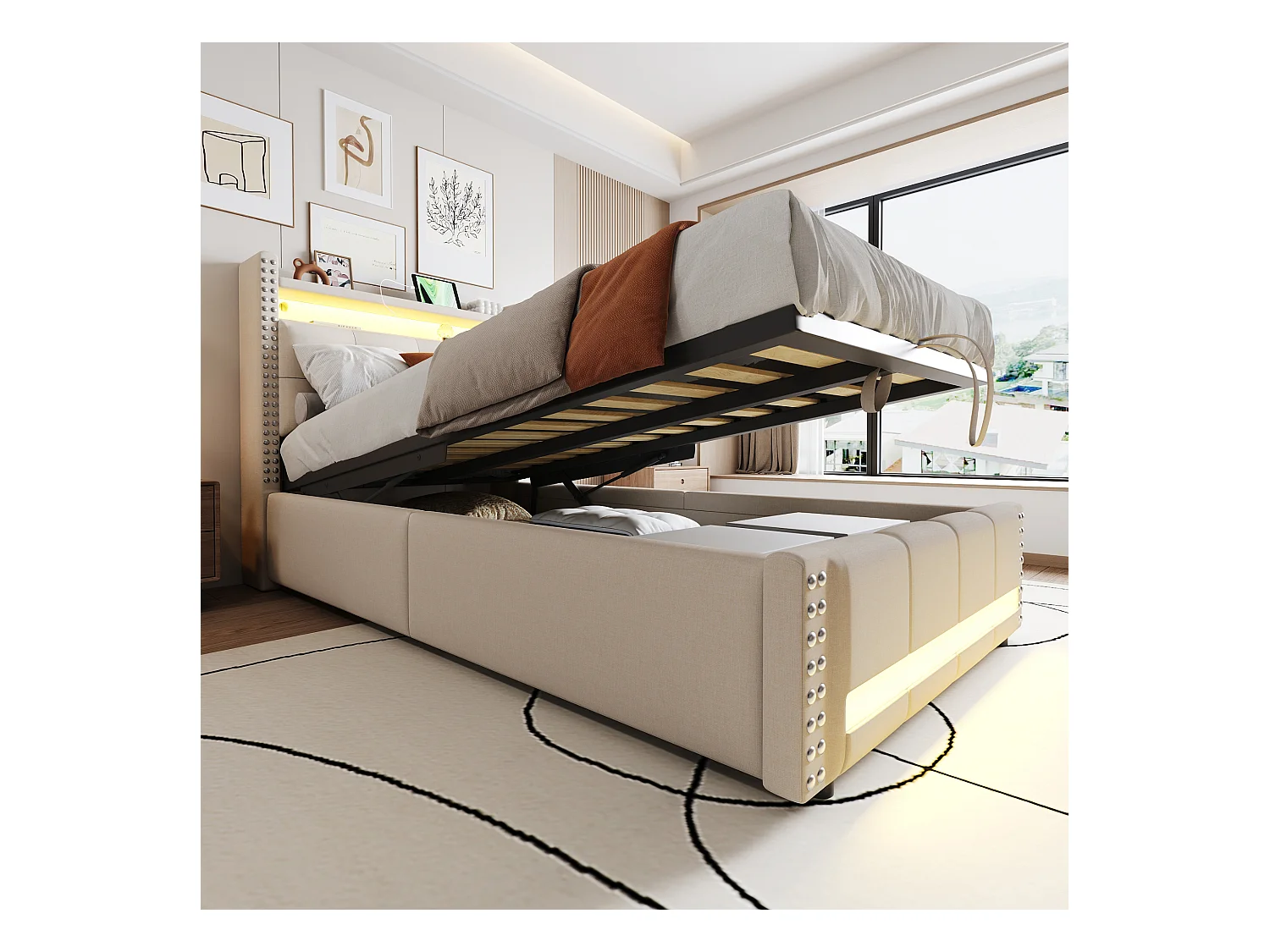 Lit 90x200 cm avec rangement hydraulique, USB et LED, tête de lit avec étagères et espace de stockage, tissu lin beige (224x100x115 cm)