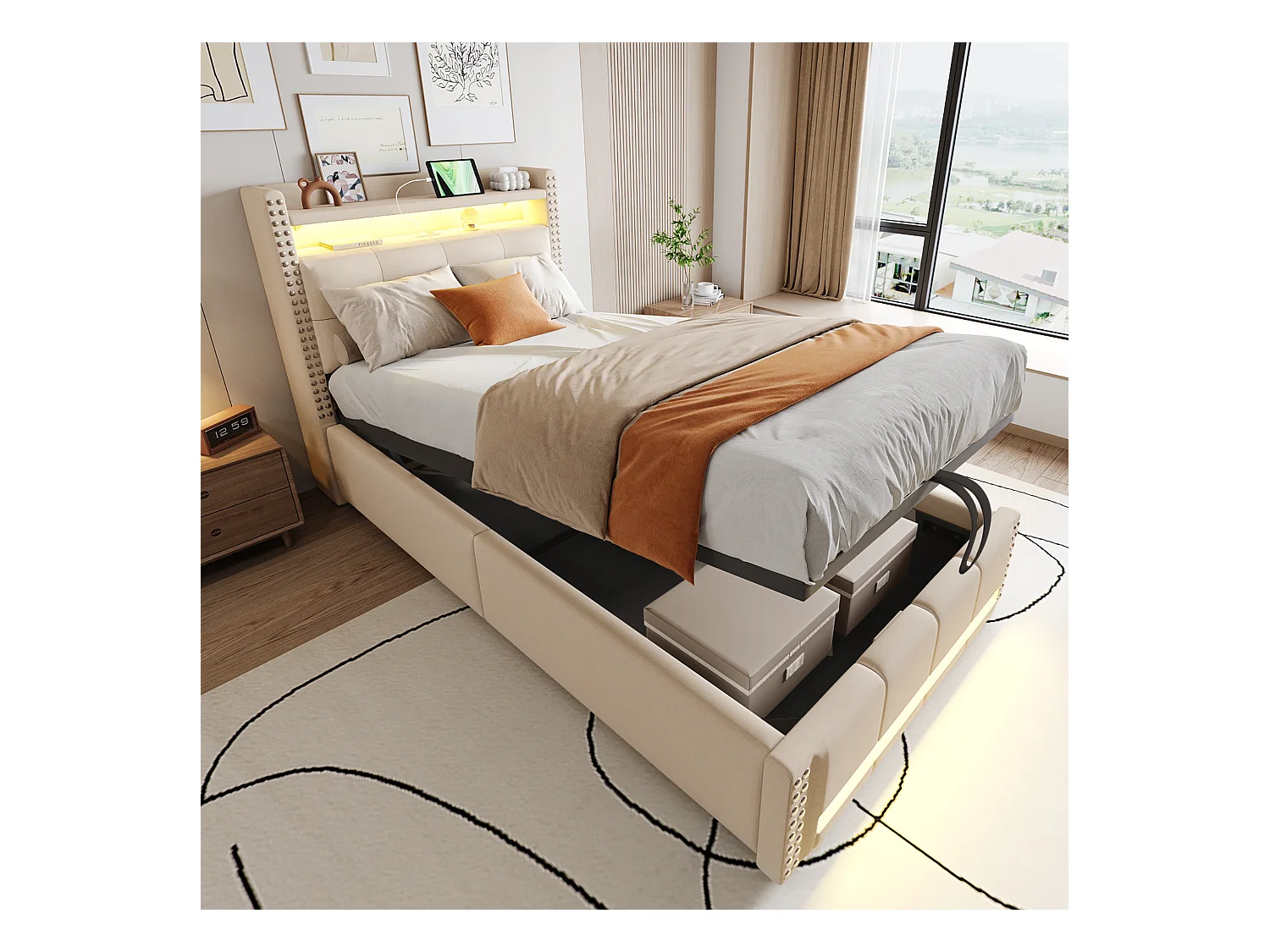 Lit 90x200 cm avec rangement hydraulique, USB et LED, tête de lit avec étagères et espace de stockage, tissu lin beige (224x100x115 cm)