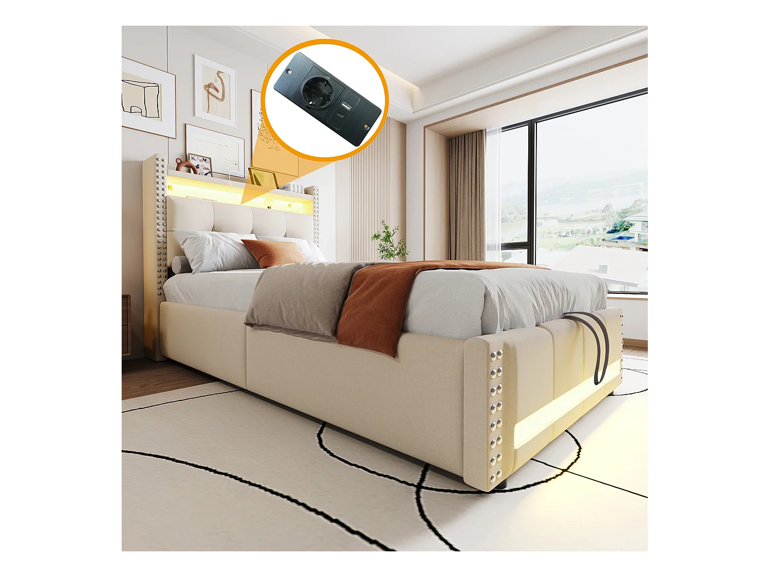 Lit 90x200 cm avec rangement hydraulique, USB et LED, tête de lit avec étagères et espace de stockage, tissu lin beige (224x100x115 cm)