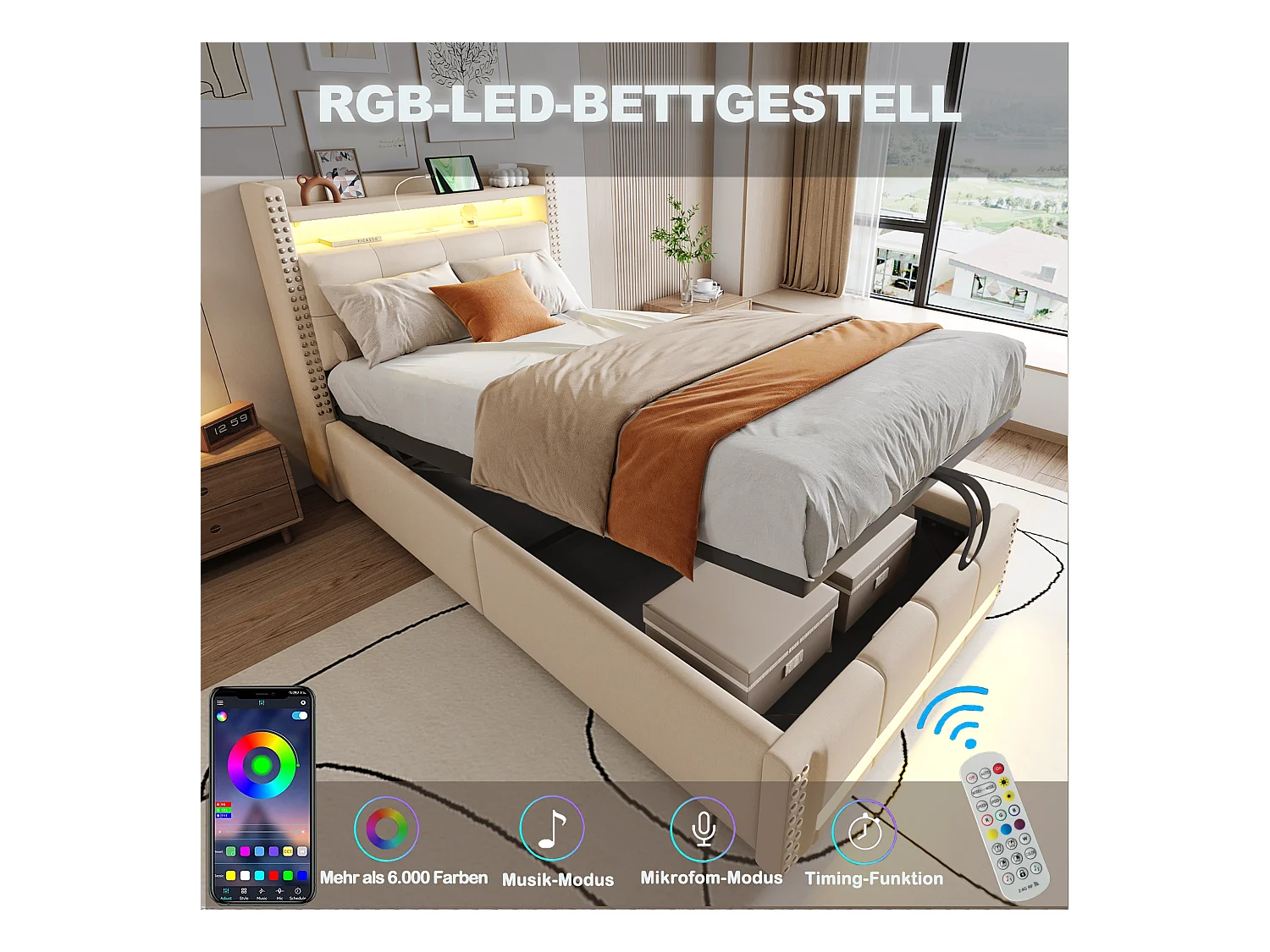 Lit 90x200 cm avec rangement hydraulique, USB et LED, tête de lit avec étagères et espace de stockage, tissu lin beige (224x100x115 cm)