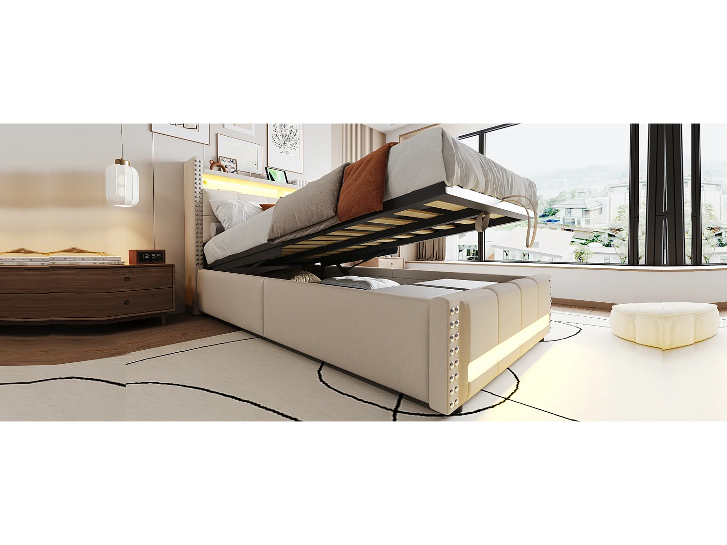 Lit 90x200 cm avec rangement hydraulique, USB et LED, tête de lit avec étagères et espace de stockage, tissu lin beige (224x100x115 cm)