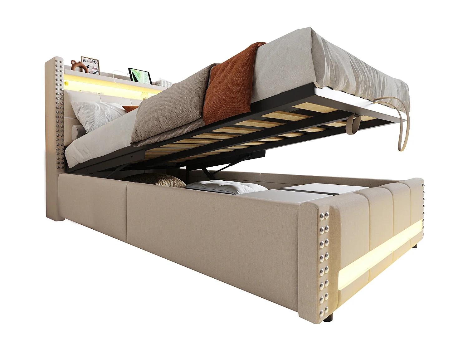 Lit 90x200 cm avec rangement hydraulique, USB et LED, tête de lit avec étagères et espace de stockage, tissu lin beige (224x100x115 cm)