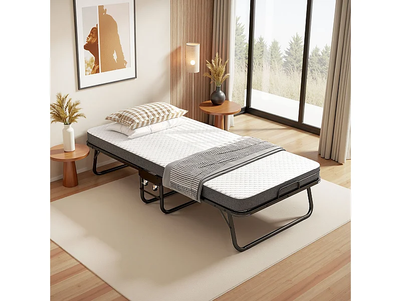 Opklapbed 90x190 cm met 4 wielen, 10 cm traagschuimmatras, stofhoes, zwart