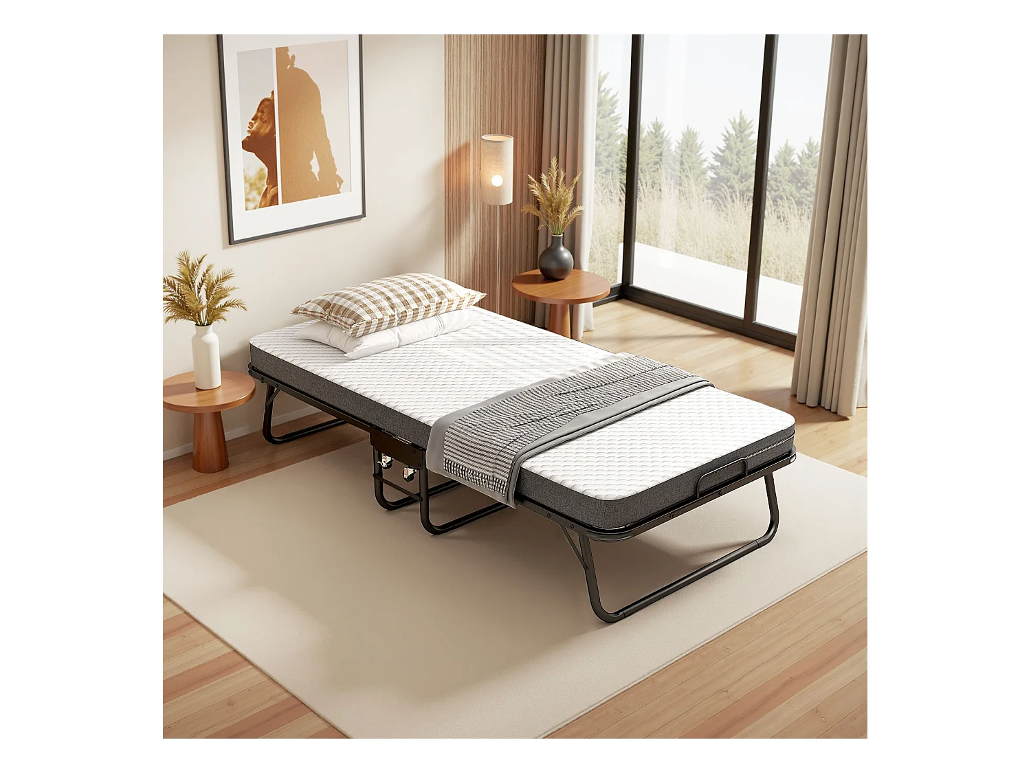 Cama plegable 90x190 cm con 4 ruedas, colchón viscoelástico de 10 cm, funda antipolvo, color negro