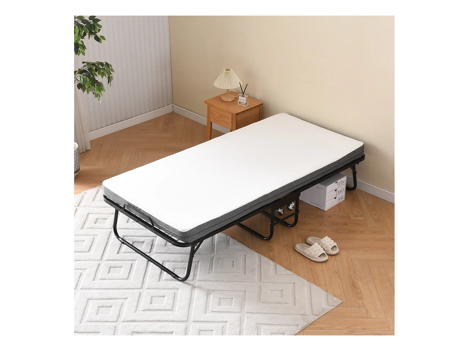 Cama plegable 90x190 cm con 4 ruedas, colchón viscoelástico de 10 cm, funda antipolvo, color negro