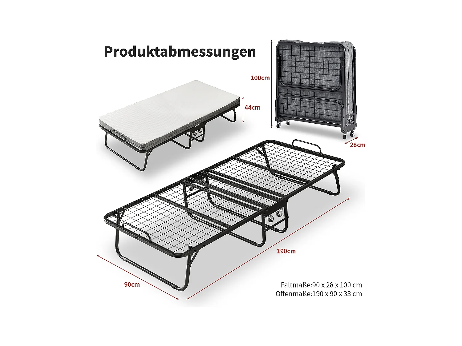 Cama plegable 90x190 cm con 4 ruedas, colchón viscoelástico de 10 cm, funda antipolvo, color negro