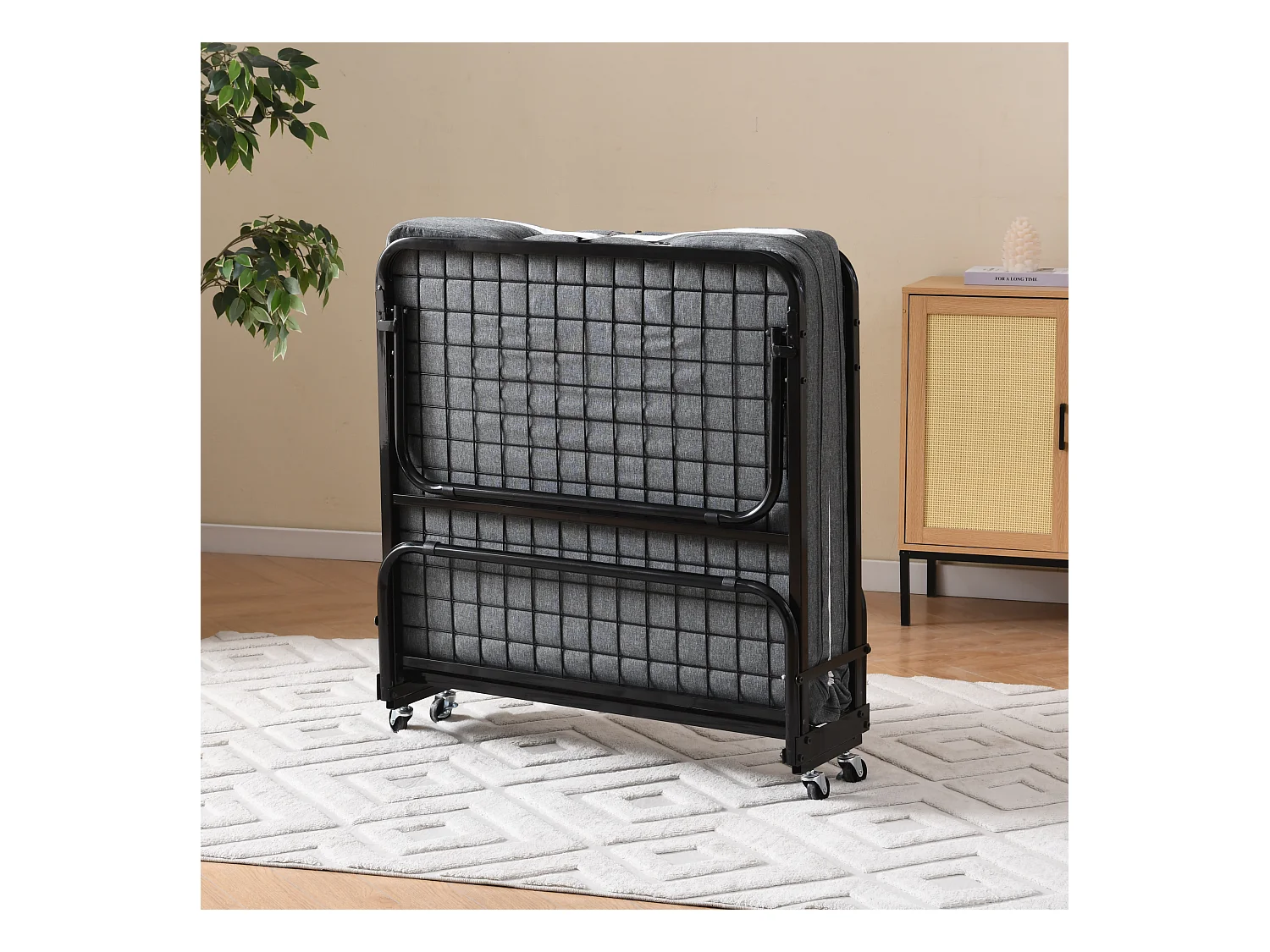 Cama plegable 90x190 cm con 4 ruedas, colchón viscoelástico de 10 cm, funda antipolvo, color negro