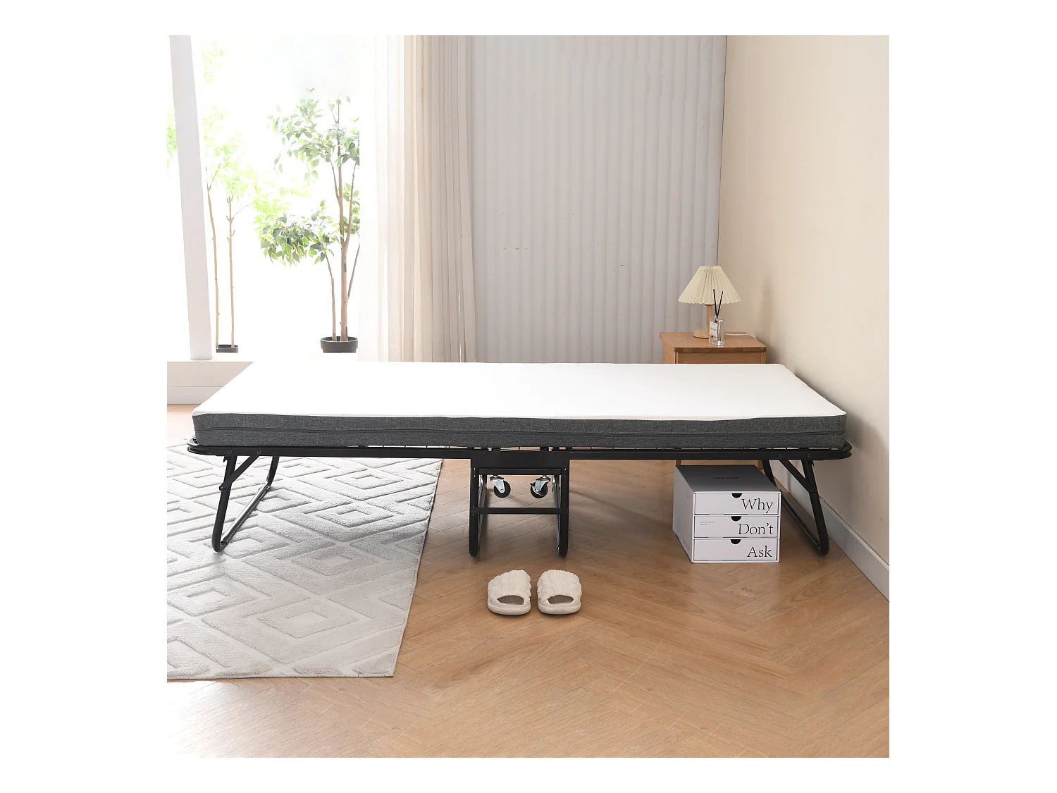 Cama plegable 90x190 cm con 4 ruedas, colchón viscoelástico de 10 cm, funda antipolvo, color negro