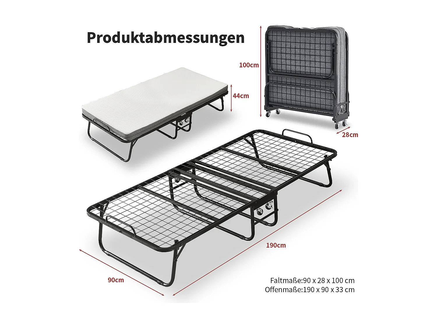 Cama plegable 90x190 cm con 4 ruedas, colchón viscoelástico de 10 cm, funda antipolvo, color negro