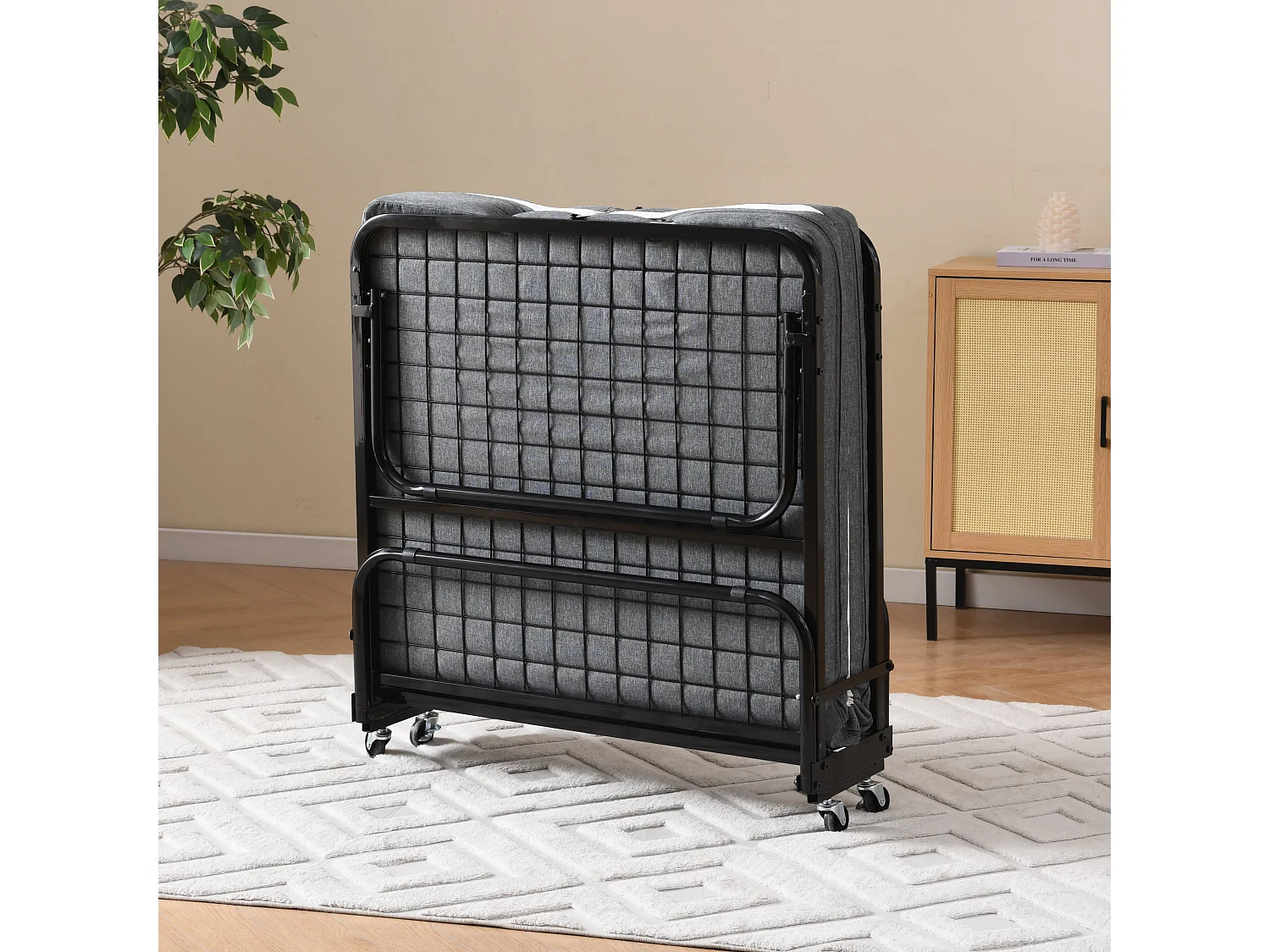 Cama plegable 90x190 cm con 4 ruedas, colchón viscoelástico de 10 cm, funda antipolvo, color negro