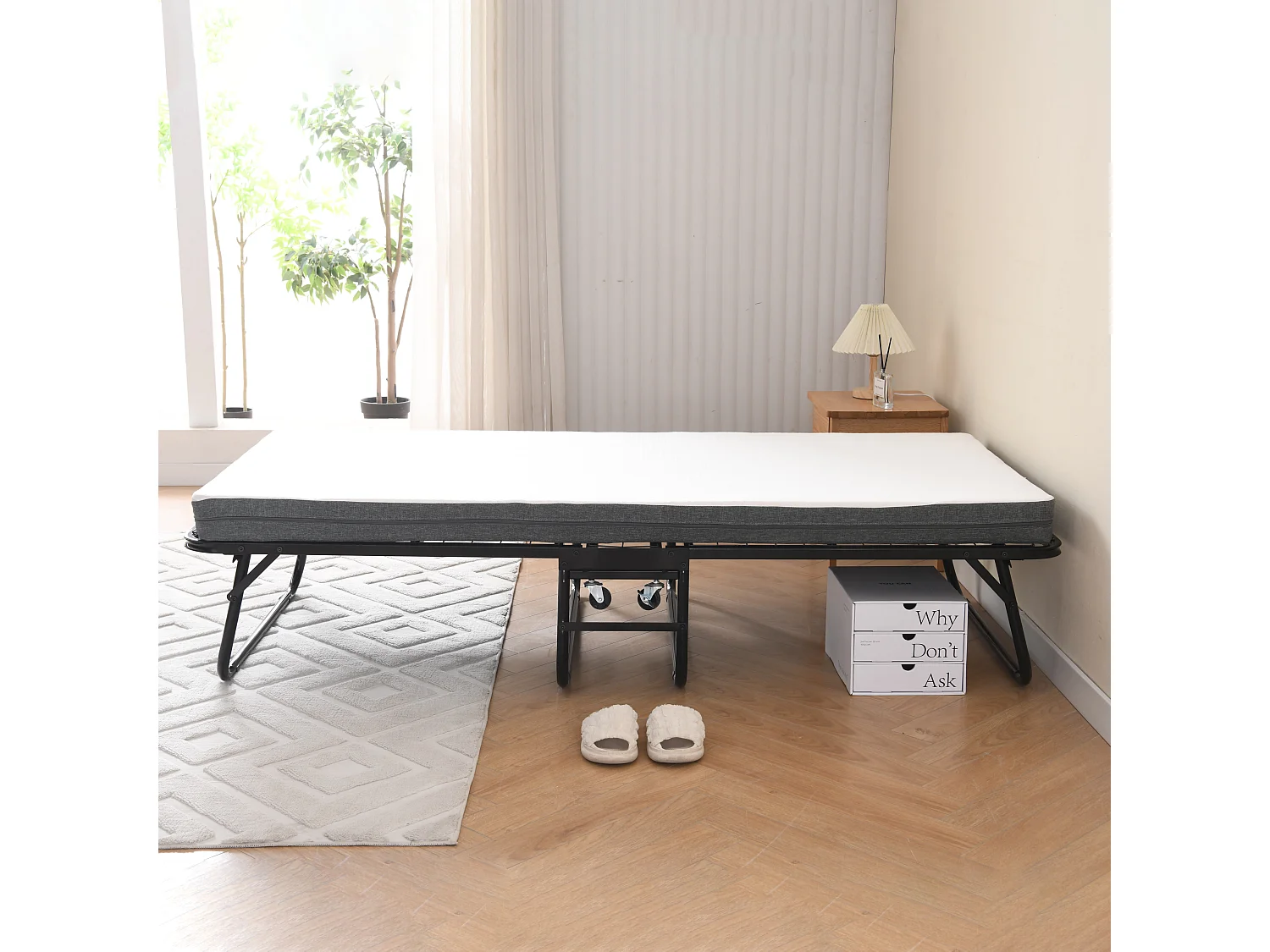 Cama plegable 90x190 cm con 4 ruedas, colchón viscoelástico de 10 cm, funda antipolvo, color negro