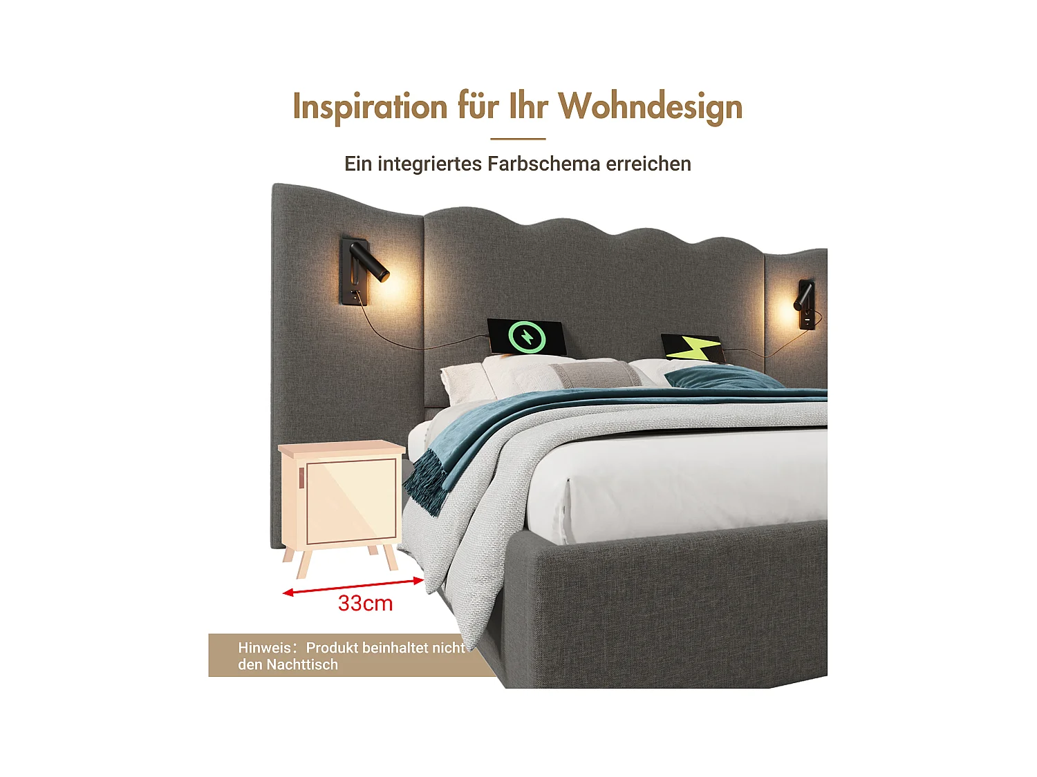 Lit double avec rangement, lampe tactile et ports USB Type-C, cadre en lin gris, bois massif et métal (252x215x111cm)