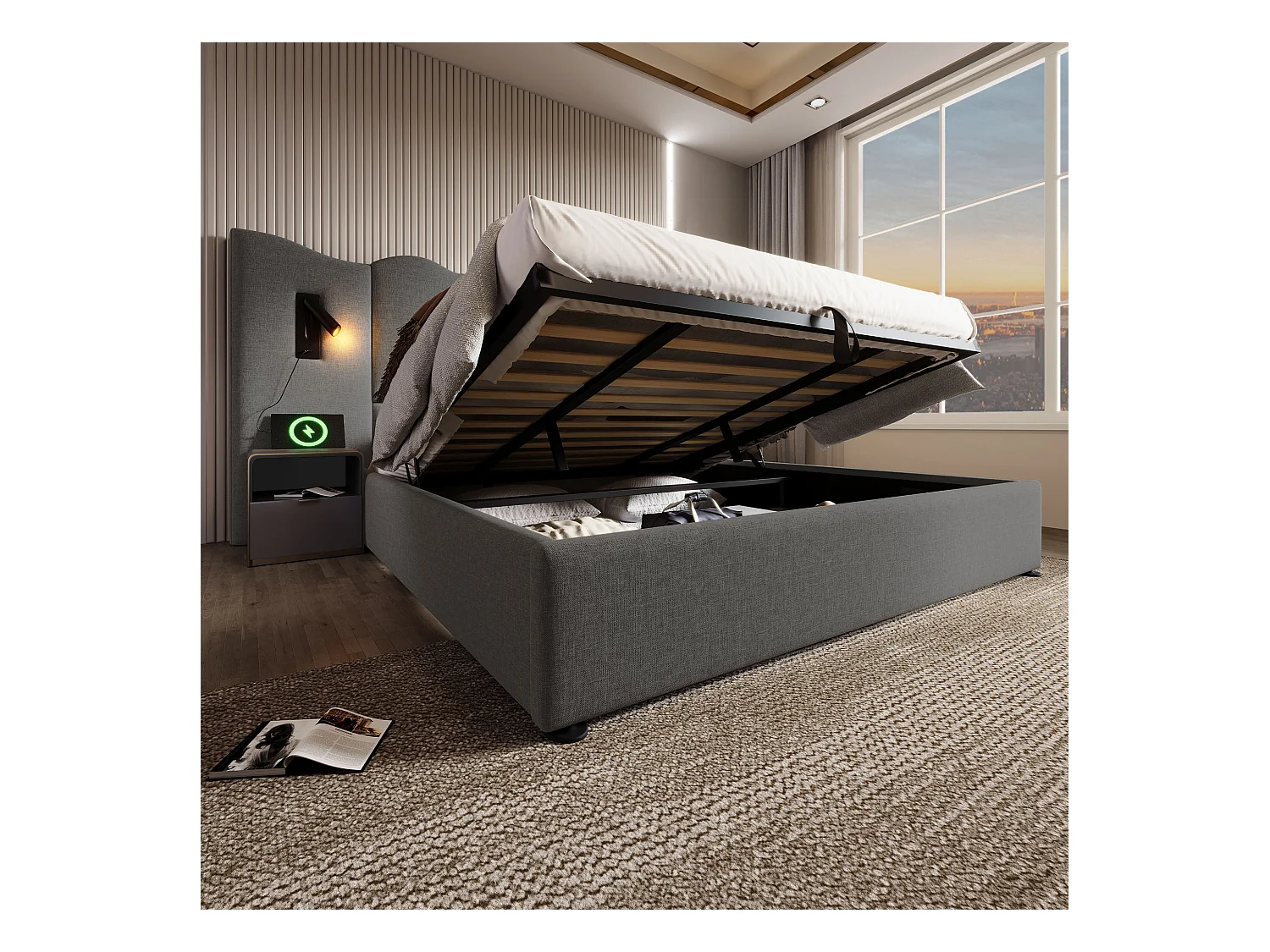 Lit double avec rangement, lampe tactile et ports USB Type-C, cadre en lin gris, bois massif et métal (252x215x111cm)