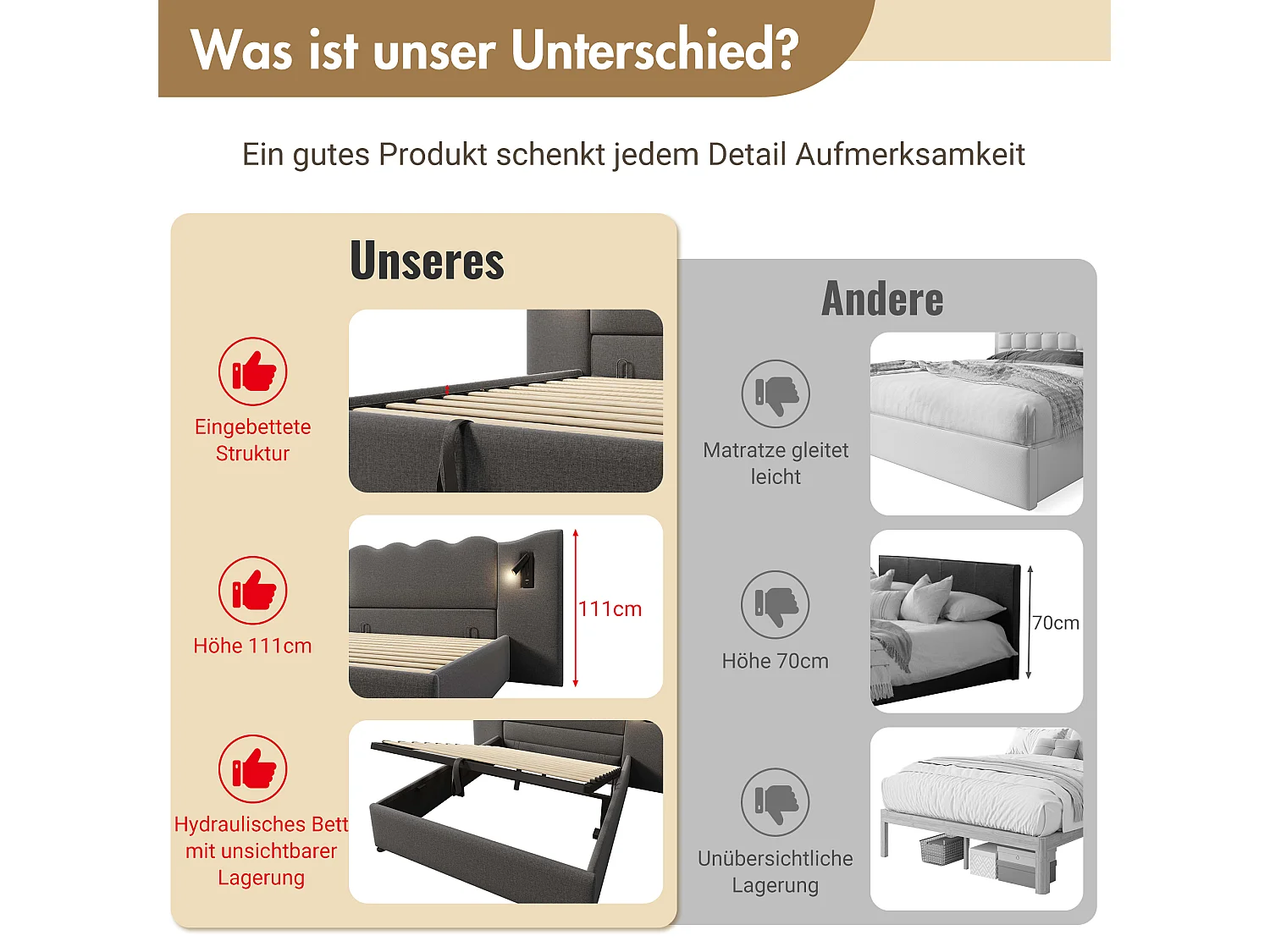 Tweepersoonsbed met opbergruimte, touchlamp en USB Type-C-poorten, grijs linnen frame, massief hout en metaal (252x215x111cm)
