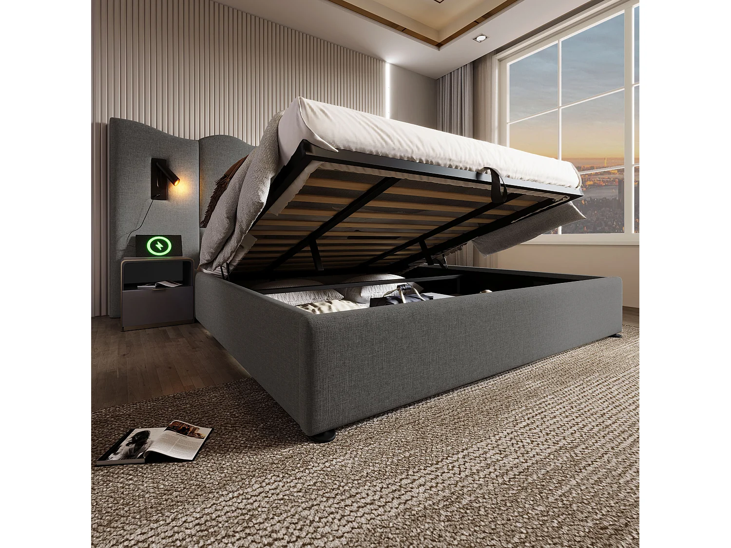 Tweepersoonsbed met opbergruimte, touchlamp en USB Type-C-poorten, grijs linnen frame, massief hout en metaal (252x215x111cm)