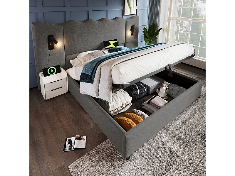 Tweepersoonsbed met opbergruimte, touchlamp en USB Type-C-poorten, grijs linnen frame, massief hout en metaal (252x215x111cm)