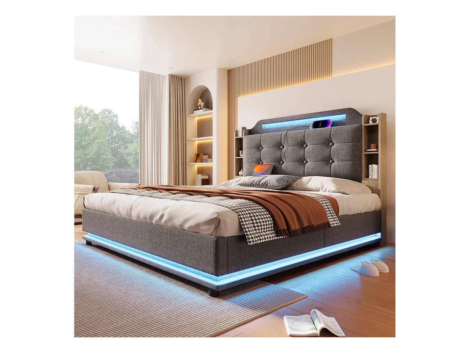 Bed met opbergruimte, 140x200 cm, met ledverlichting, hydraulisch, diverse legplanken en USB + Type-C-aansluitingen, linnen, grijs (216x141x115 cm)