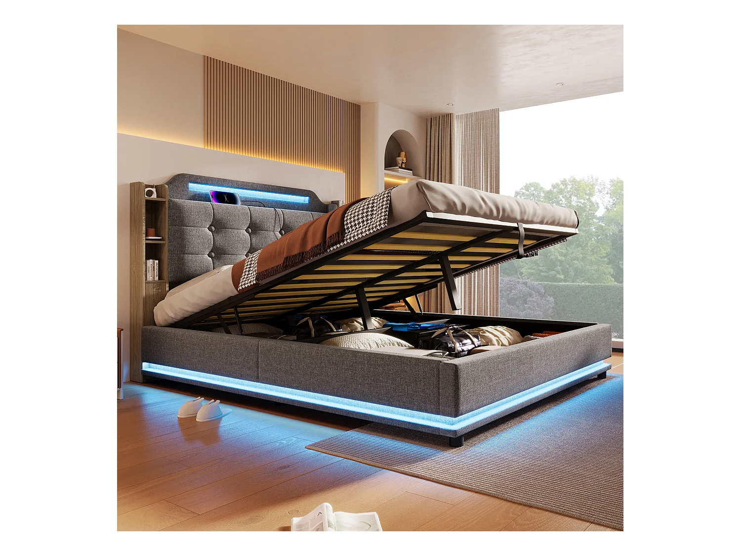 Bed met opbergruimte, 140x200 cm, met ledverlichting, hydraulisch, diverse legplanken en USB + Type-C-aansluitingen, linnen, grijs (216x141x115 cm)