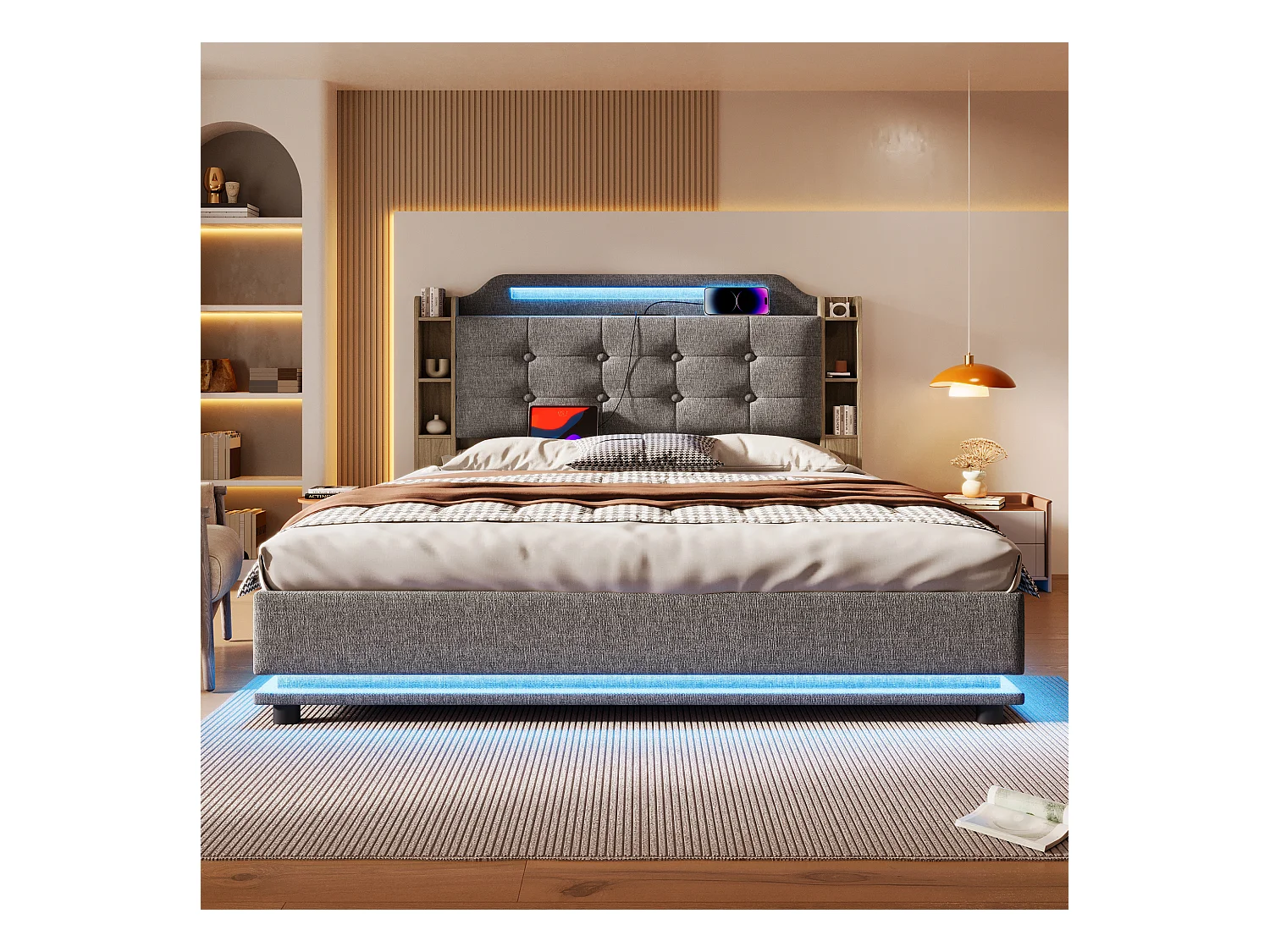 Bed met opbergruimte, 140x200 cm, met ledverlichting, hydraulisch, diverse legplanken en USB + Type-C-aansluitingen, linnen, grijs (216x141x115 cm)