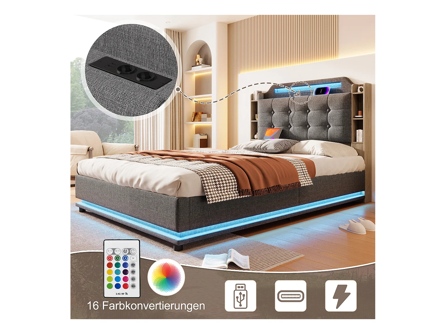 Bed met opbergruimte, 140x200 cm, met ledverlichting, hydraulisch, diverse legplanken en USB + Type-C-aansluitingen, linnen, grijs (216x141x115 cm)