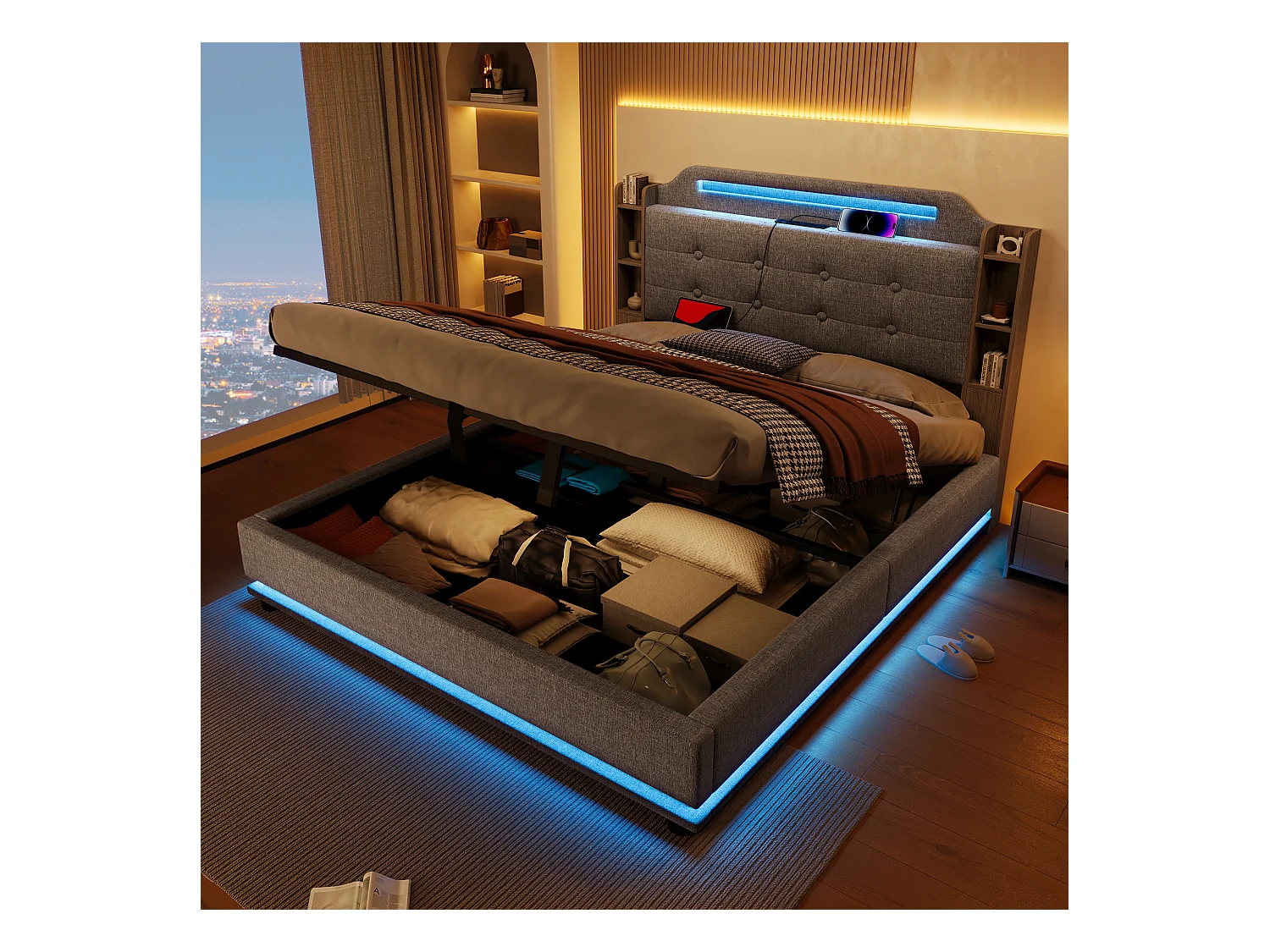 Letto con contenitore, 140x200 cm, con illuminazione a LED, sistema idraulico, diversi ripiani e porte USB + Type-C, Lino, Grigio (216x141x115 cm)