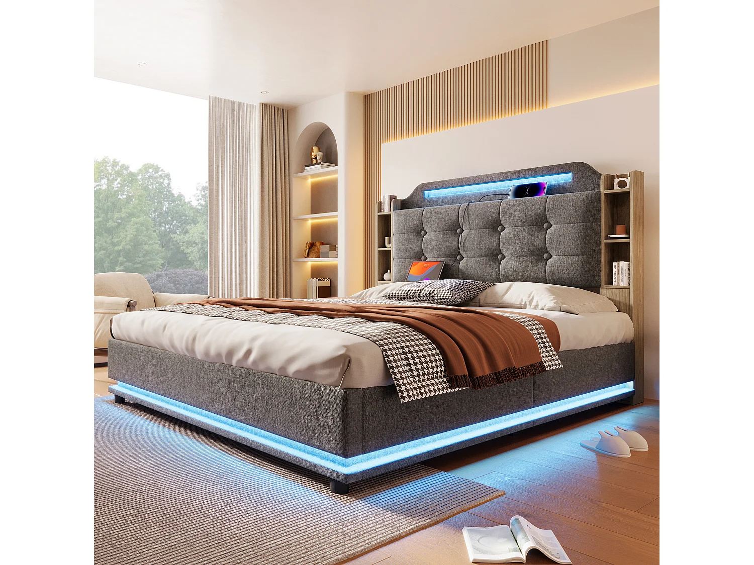 Bed met opbergruimte, 140x200 cm, met ledverlichting, hydraulisch, diverse legplanken en USB + Type-C-aansluitingen, linnen, grijs (216x141x115 cm)