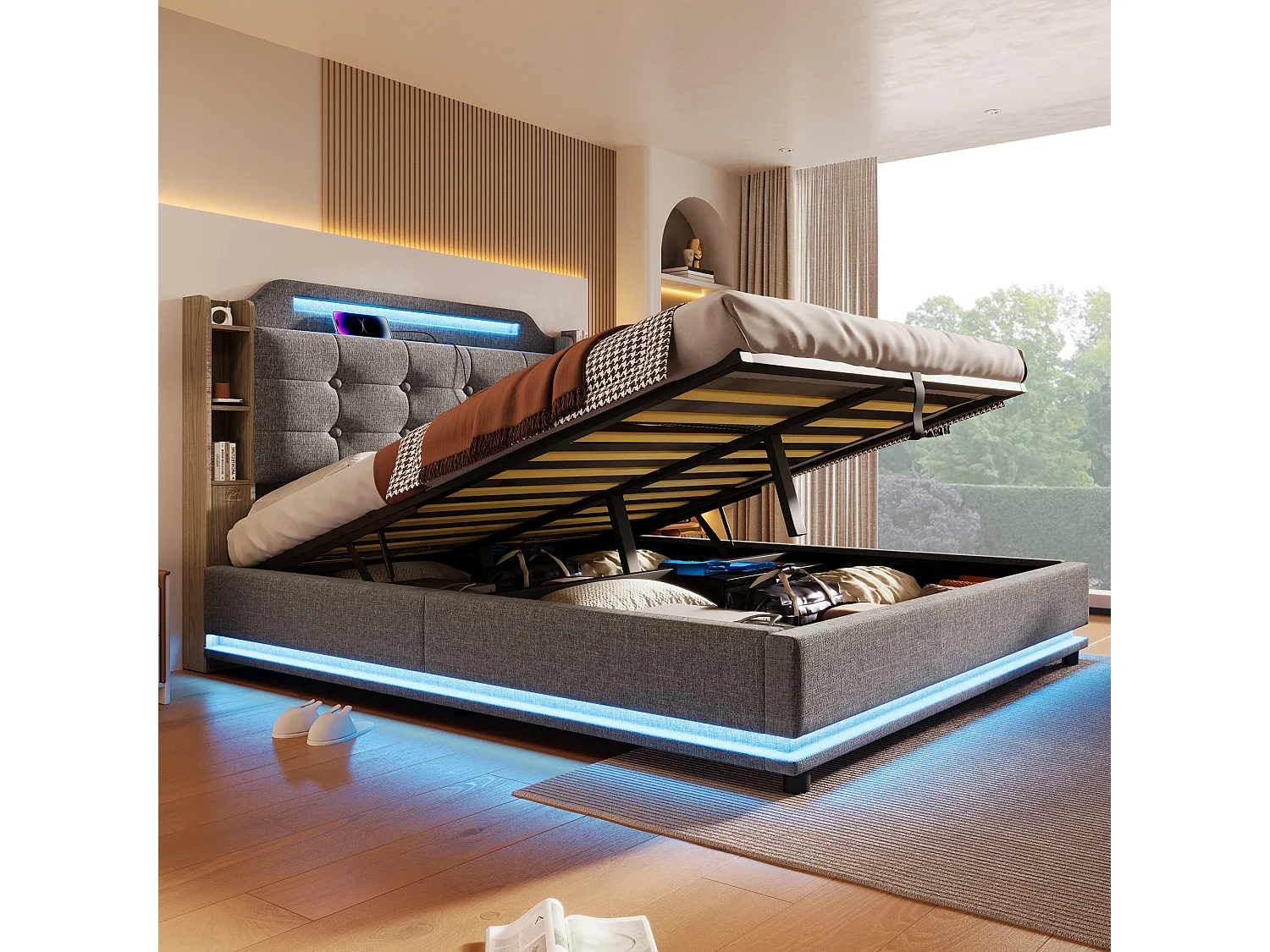 Bed met opbergruimte, 140x200 cm, met ledverlichting, hydraulisch, diverse legplanken en USB + Type-C-aansluitingen, linnen, grijs (216x141x115 cm)