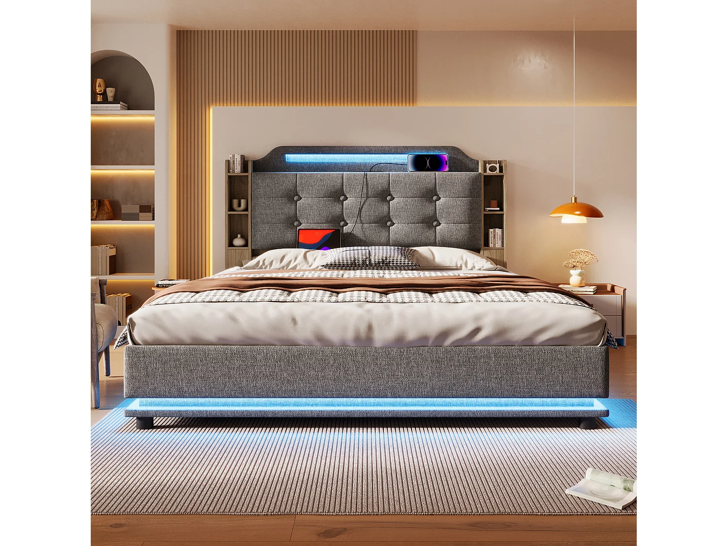 Bed met opbergruimte, 140x200 cm, met ledverlichting, hydraulisch, diverse legplanken en USB + Type-C-aansluitingen, linnen, grijs (216x141x115 cm)