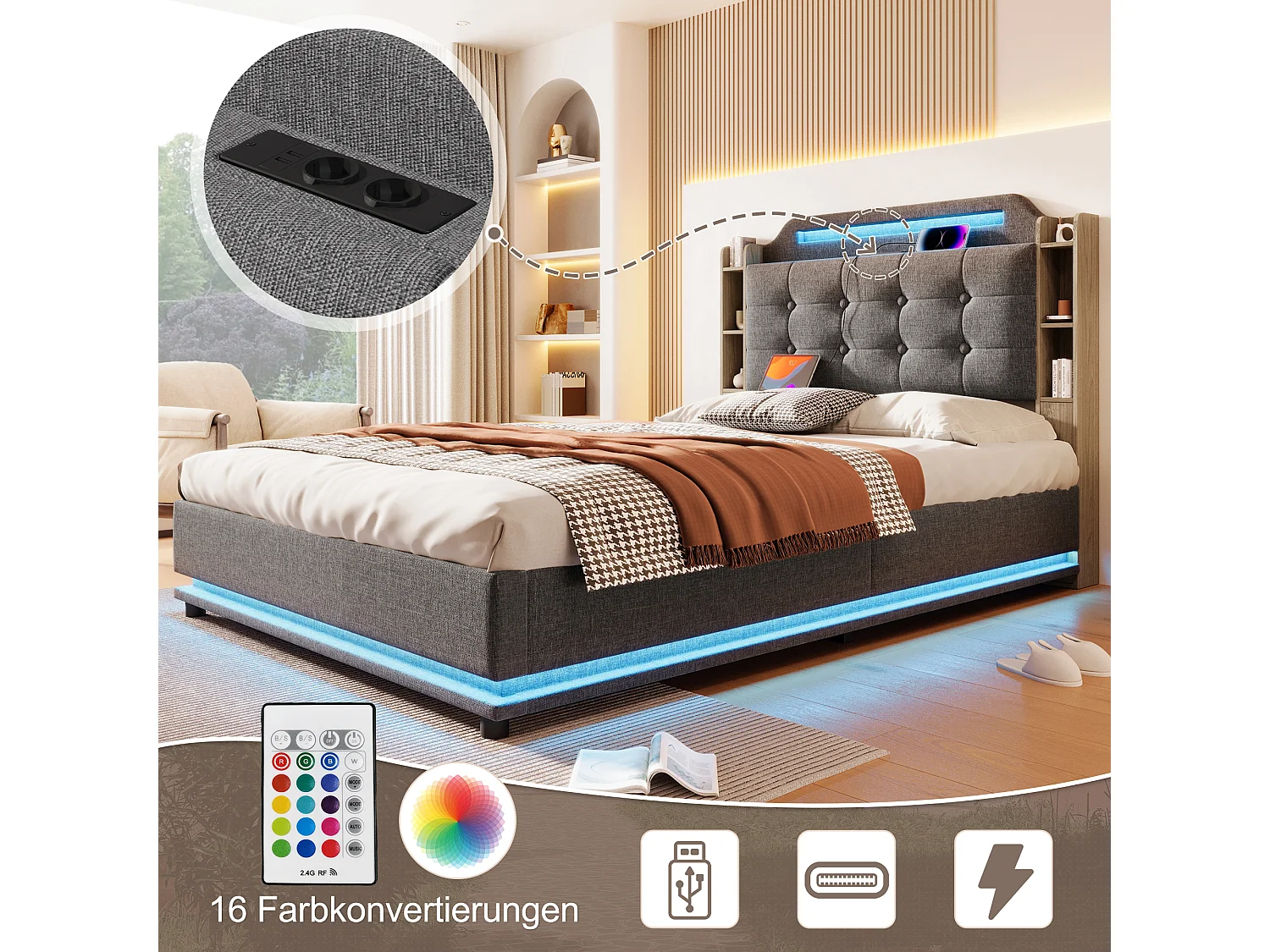 Bed met opbergruimte, 140x200 cm, met ledverlichting, hydraulisch, diverse legplanken en USB + Type-C-aansluitingen, linnen, grijs (216x141x115 cm)