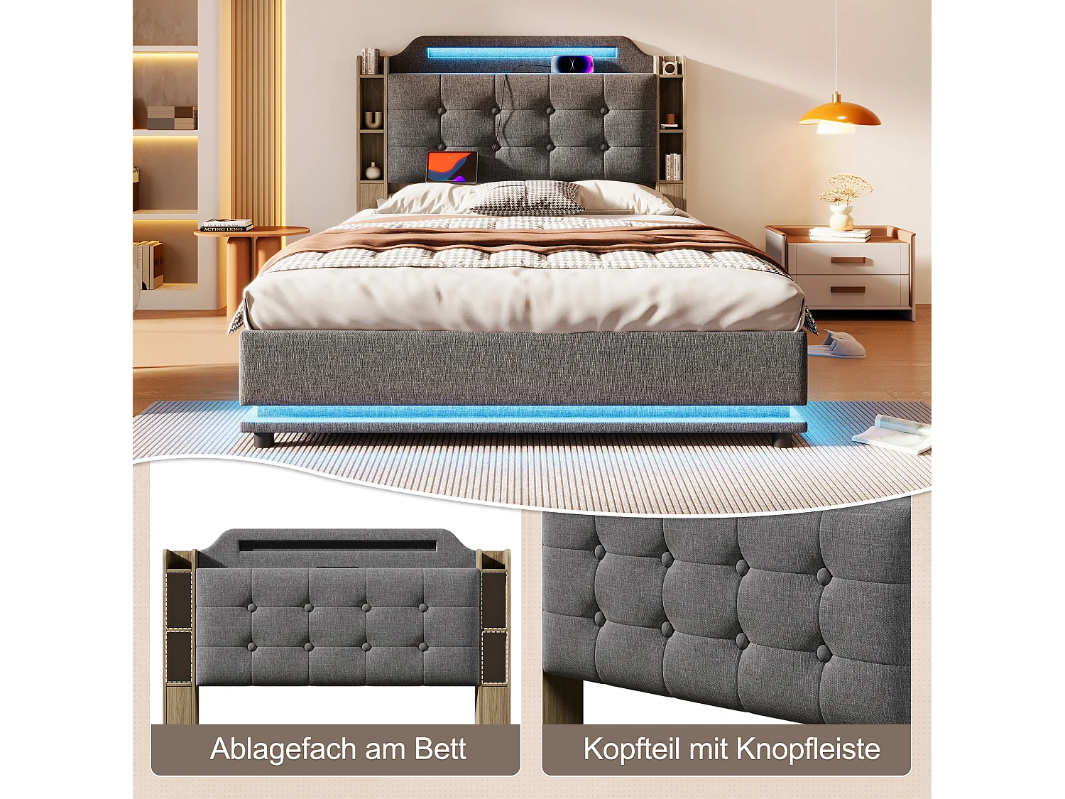 Bed met opbergruimte, 140x200 cm, met ledverlichting, hydraulisch, diverse legplanken en USB + Type-C-aansluitingen, linnen, grijs (216x141x115 cm)