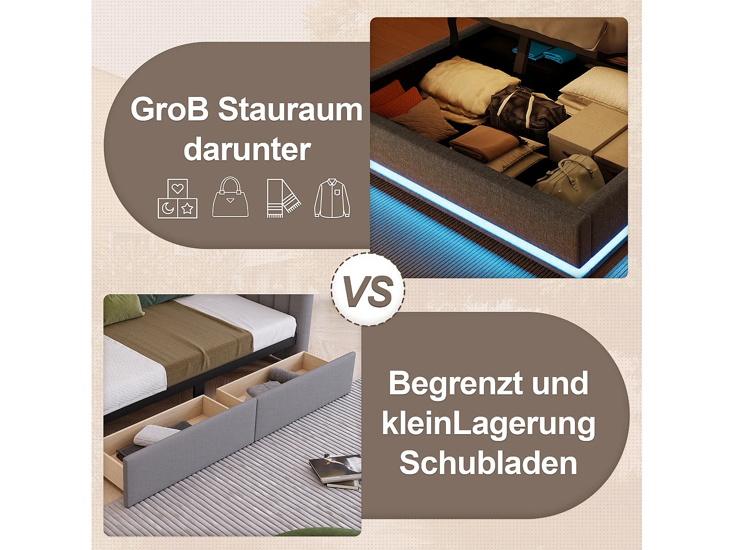 Bed met opbergruimte, 140x200 cm, met ledverlichting, hydraulisch, diverse legplanken en USB + Type-C-aansluitingen, linnen, grijs (216x141x115 cm)