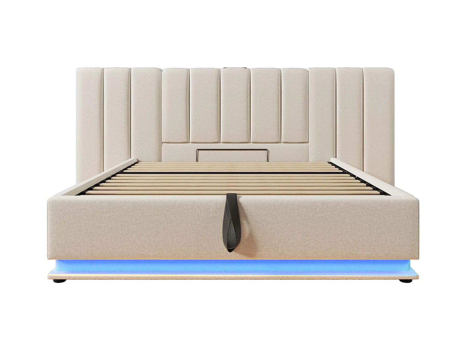Lit 180×200, Lit avec rangement, LED et chargeur USB-C, PU, Beige (268x211x112 cm)