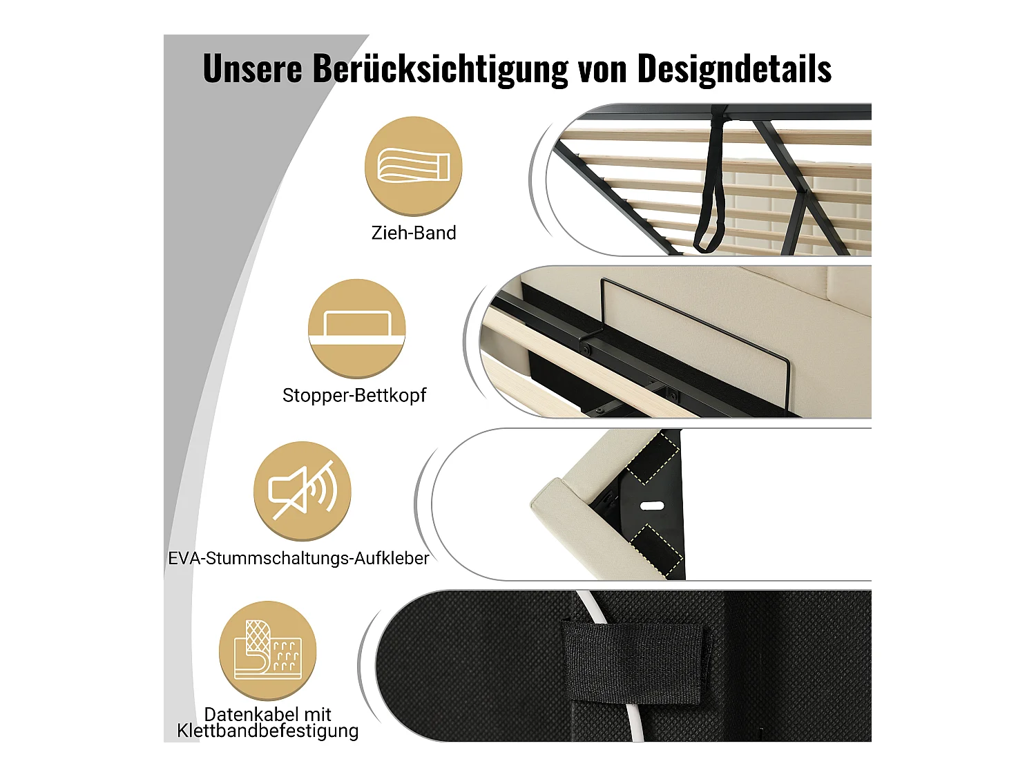 Lit 180×200, Lit avec rangement, LED et chargeur USB-C, PU, Beige (268x211x112 cm)